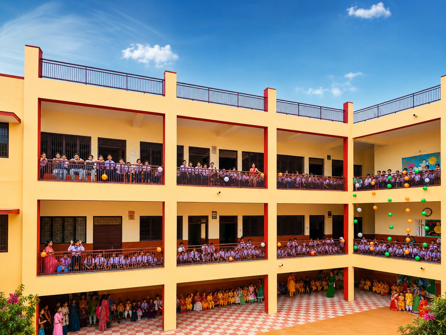 Students of Gandhi Public School in the campus courtyard, Sewla, Agra